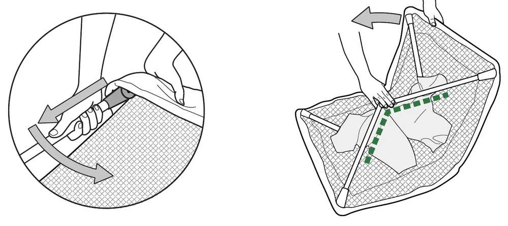 BabyBjörn Travel Cot Light manual illustrations: releasing the legs one by one by pulling and folding the cot together