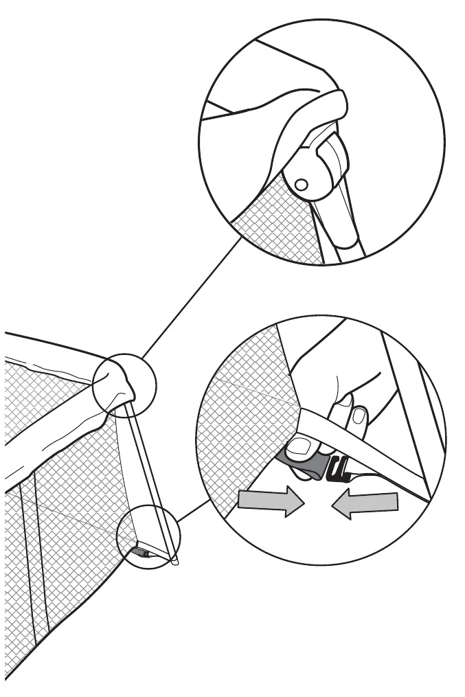BabyBjörn Travel Cot Light manual illustrations: checking that the legs are locked and fastening the mattress strap loops to the hooks under the cot