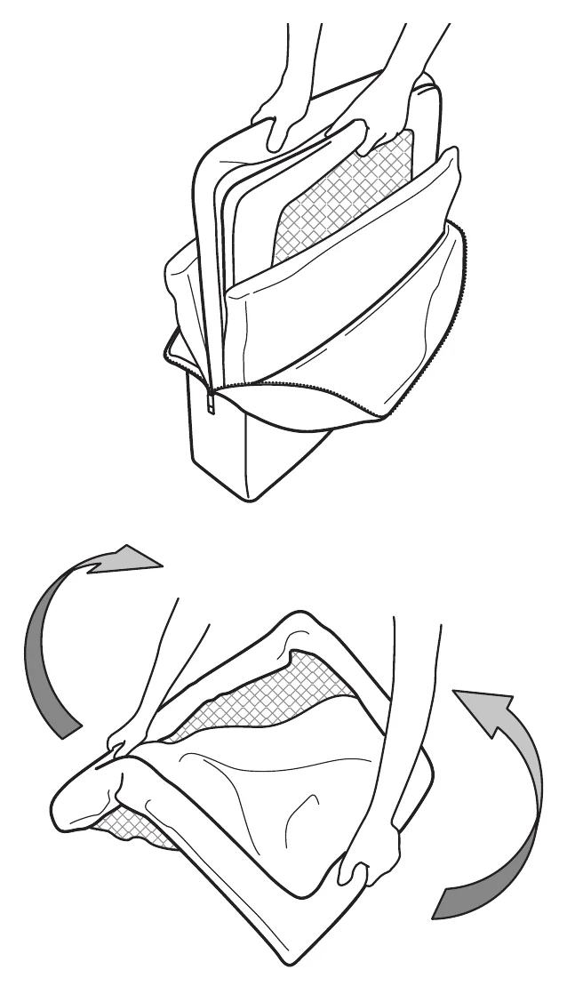 BabyBjörn Travel Cot Light manual illustrations: lifting the cot out of the bag and unfolding it in one movement by holding the two short sides