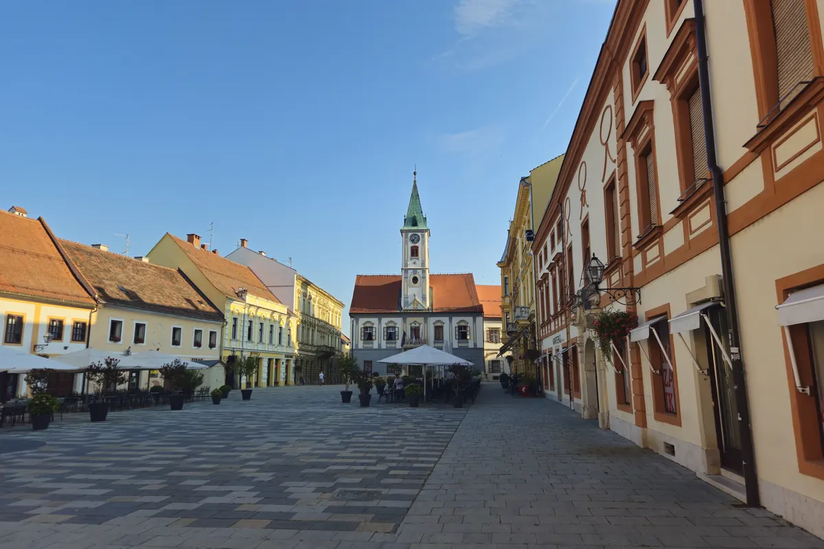 Baroque pastel façades around the main square of Varaždin in inland Croatia