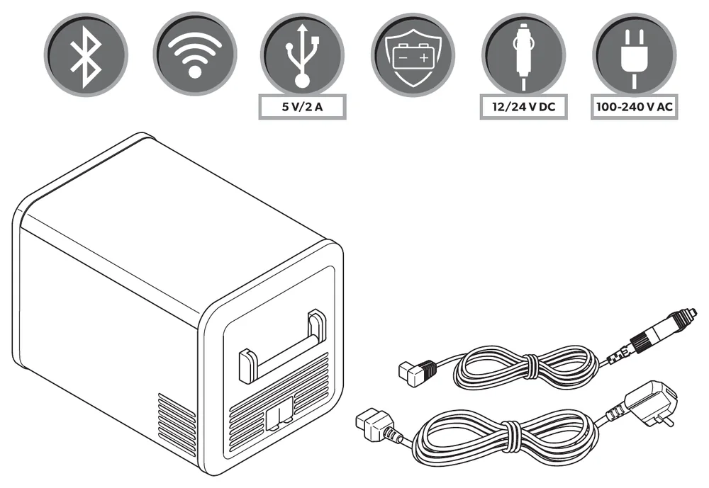 Dometic CFX3 overview from the official manual: compressor cooler with DC and AC connection cables and icons for Bluetooth, Wi-Fi, USB 5 V/2 A, 12/24 V DC and 100–240 V AC