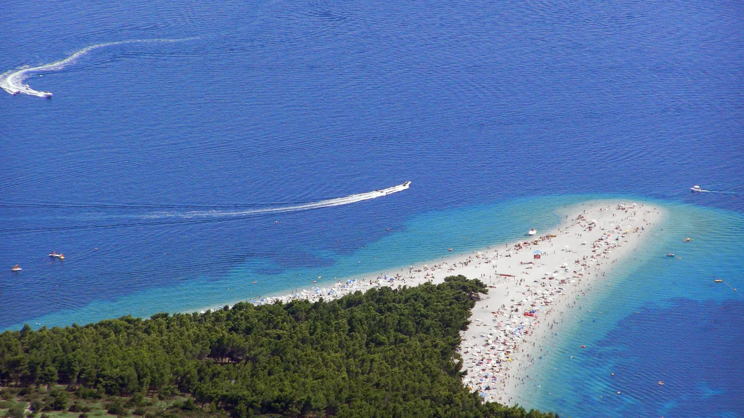 The Zlatni rat beach spit at Bol on the island of Brac seen from above, Croatia