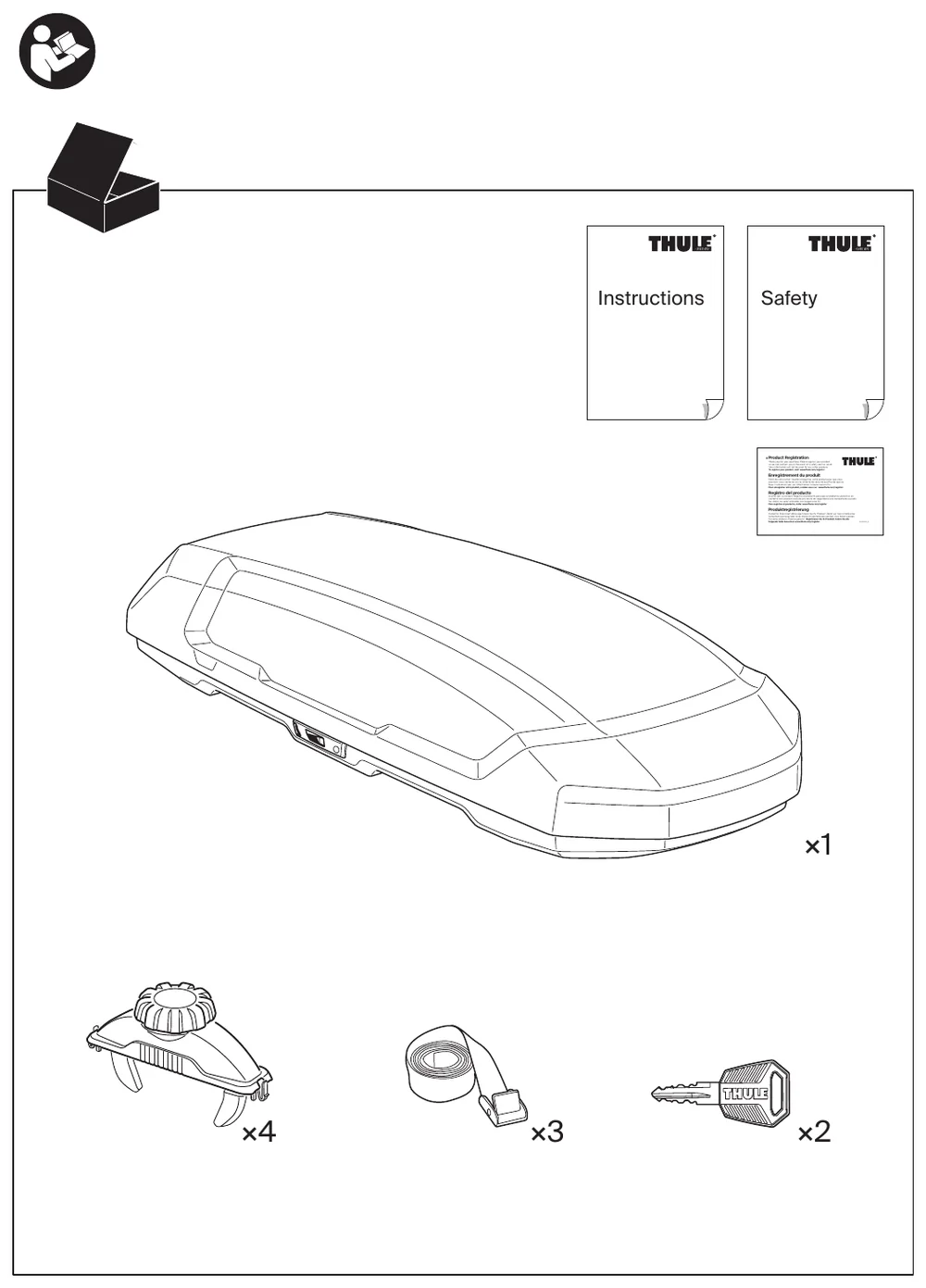 Thule Force 3 parts overview from the manual: roof box, booklets, four PowerClick knobs, three straps and two keys