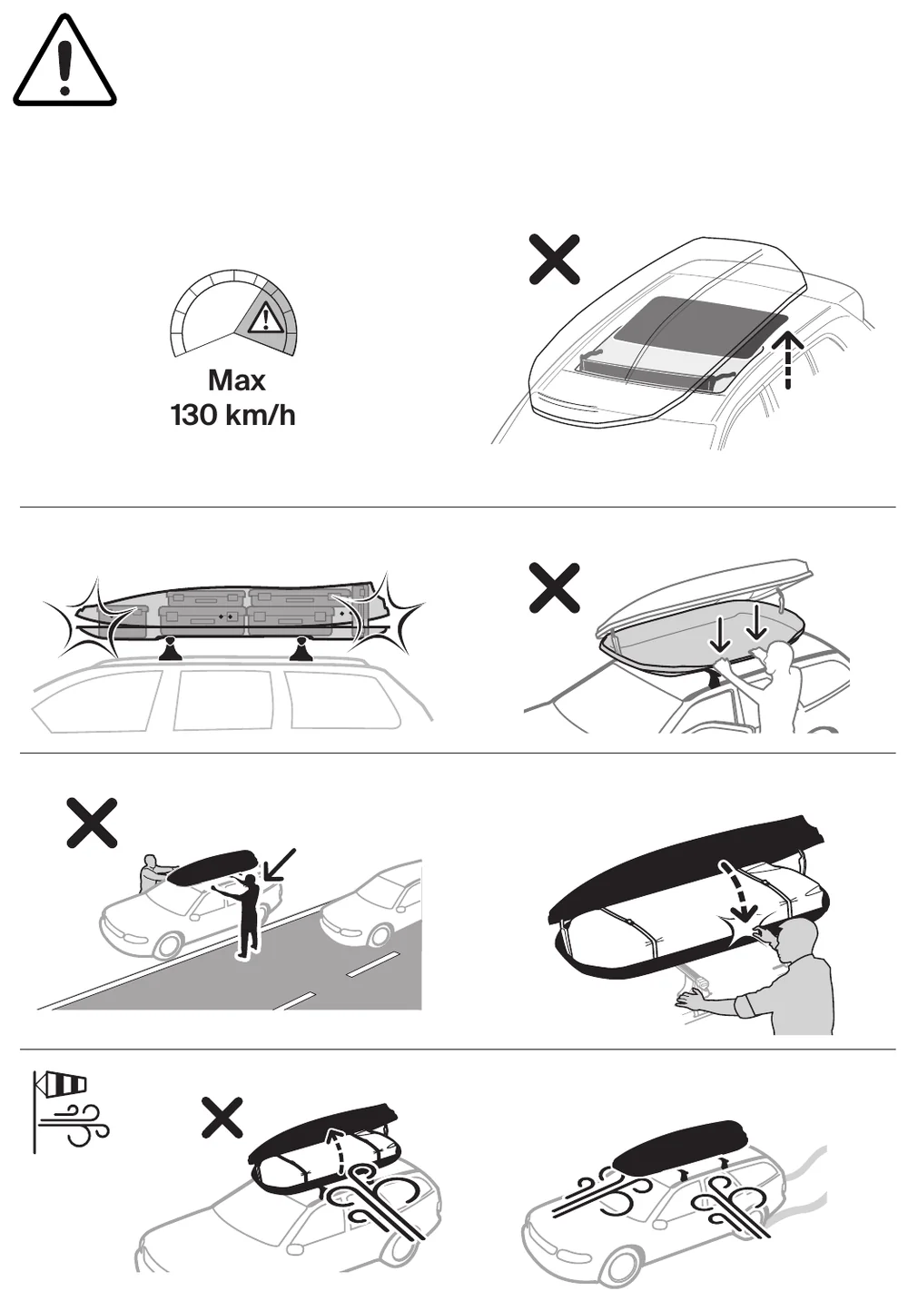 Thule Force 3 manual warnings about correct placement on the bars and the maximum speed of 130 km/h