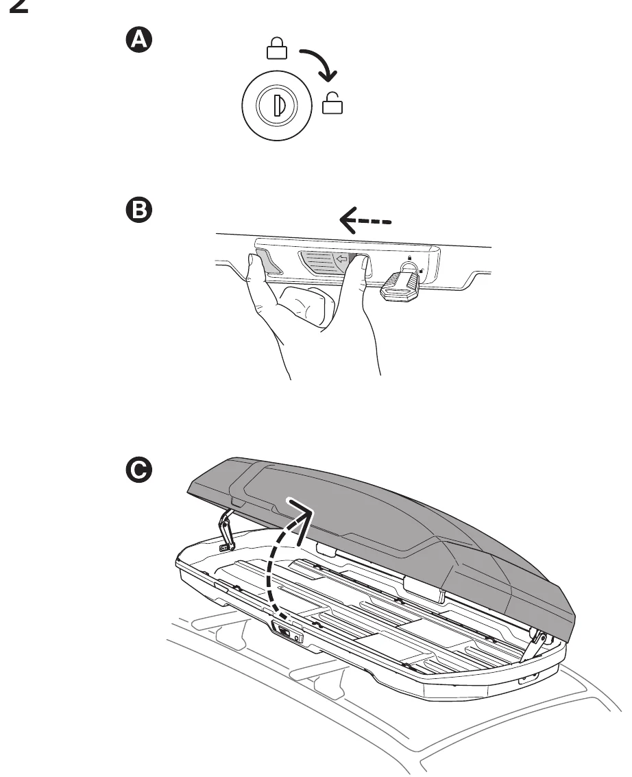 Thule Force 3 manual step 2: unlock with the key, slide the handle and open the lid