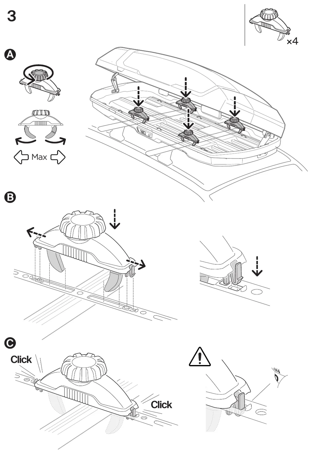 Thule Force 3 manual step 3: tighten the four PowerClick knobs until they click under the bars