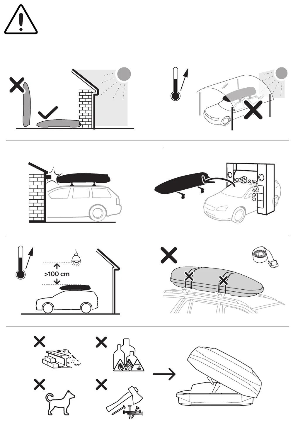 Thule Force 3 manual notes: keep enough free space above the box to open the lid and what not to do
