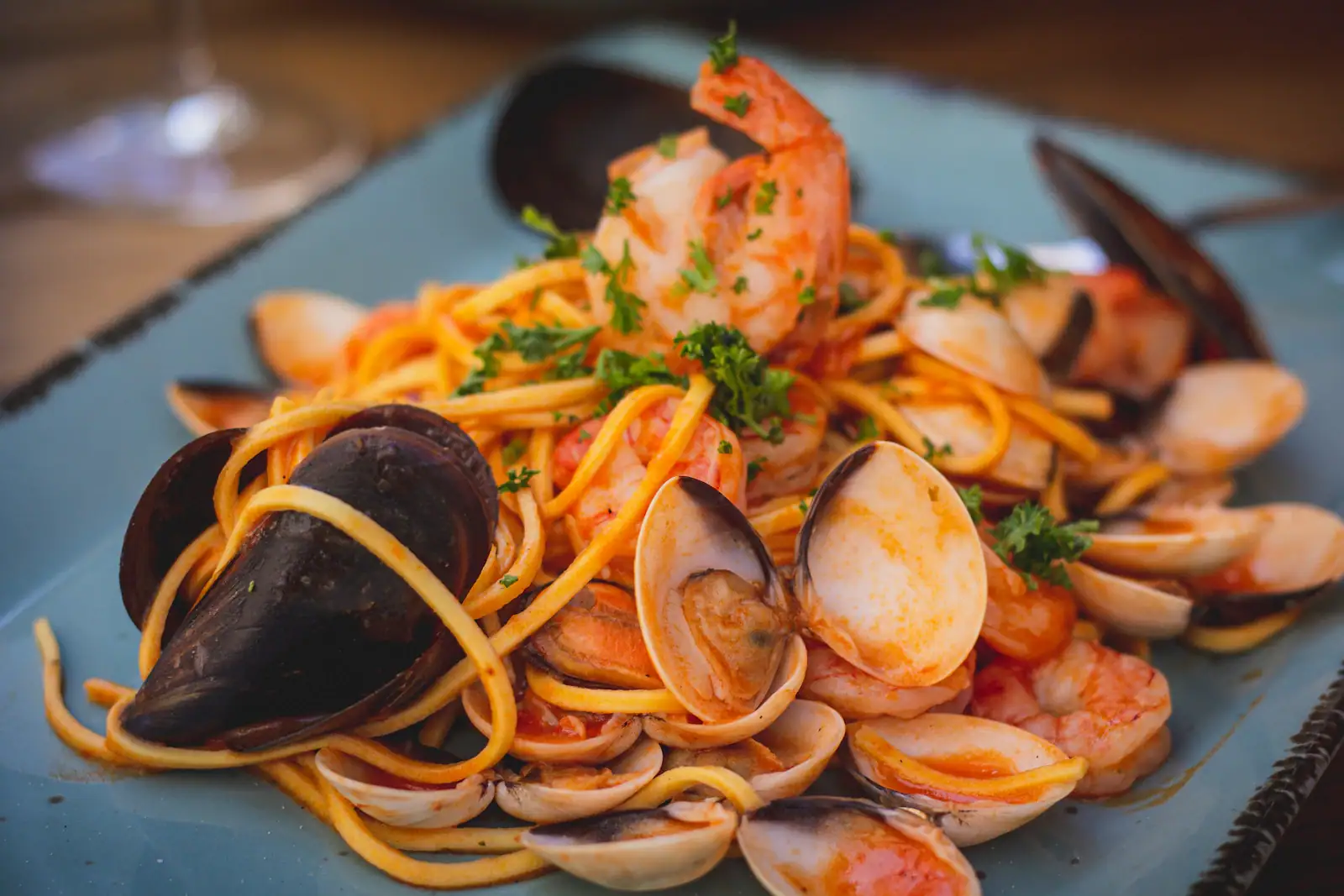 Plate of Adriatic seafood pasta with mussels and clams at a Croatian konoba