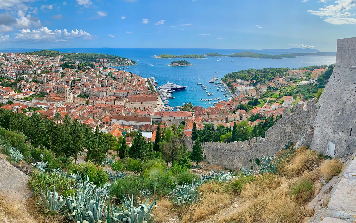 Hvar town and its harbour with the Pakleni islands beyond, seen from the Spanish fortress, Croatia