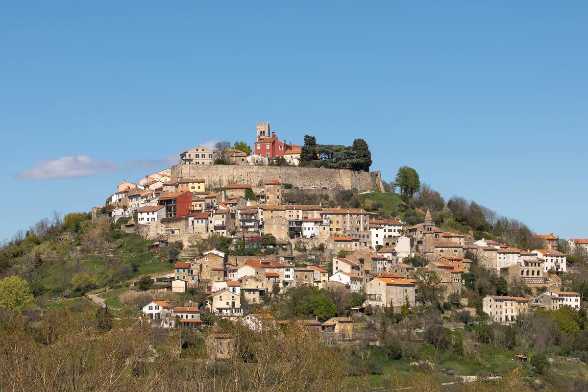 The medieval hilltop town of Motovun above green vineyards in inland Istria, Croatia