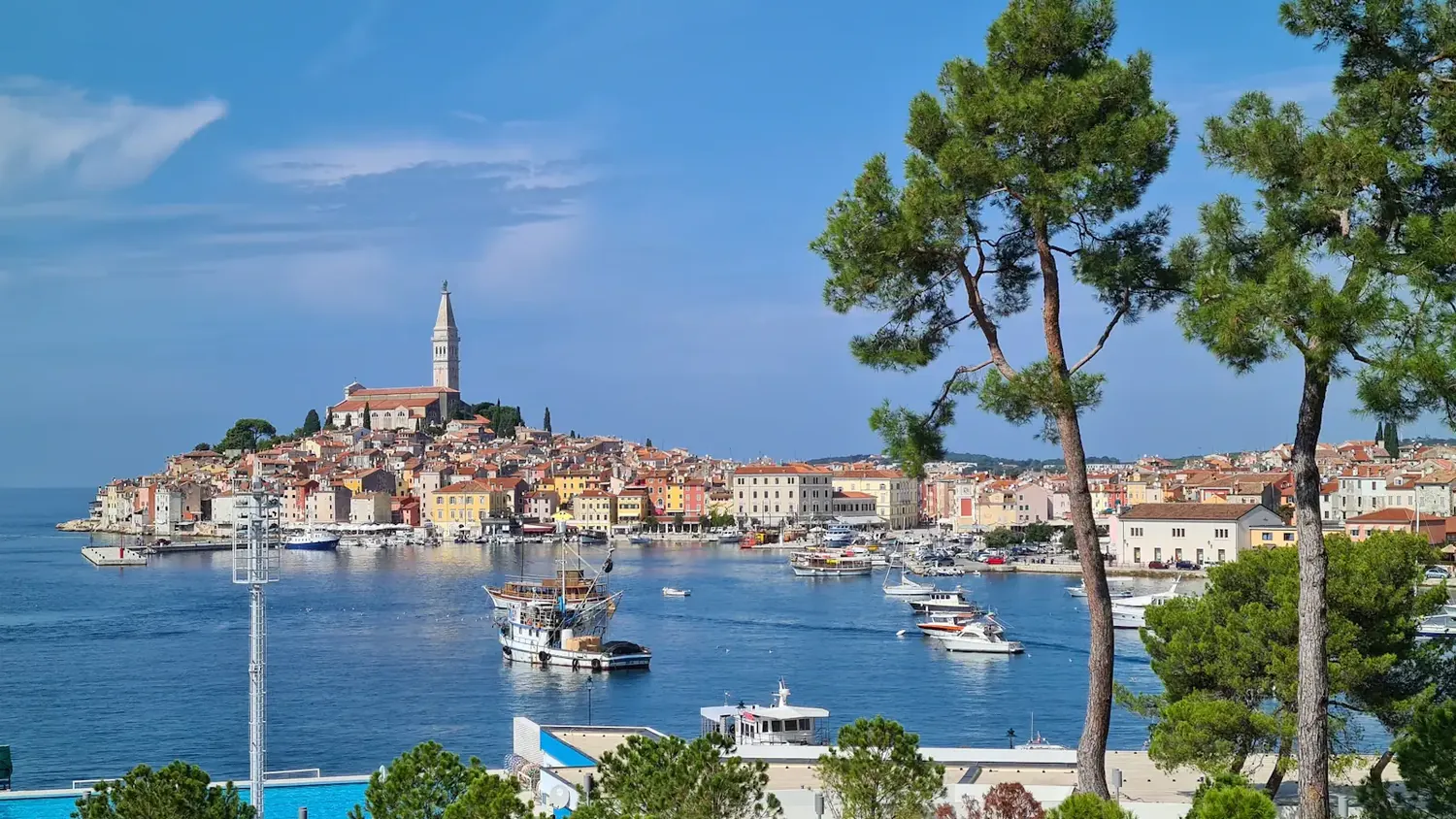 The old town of Rovinj on the west coast of Istria seen across the harbour, Croatia