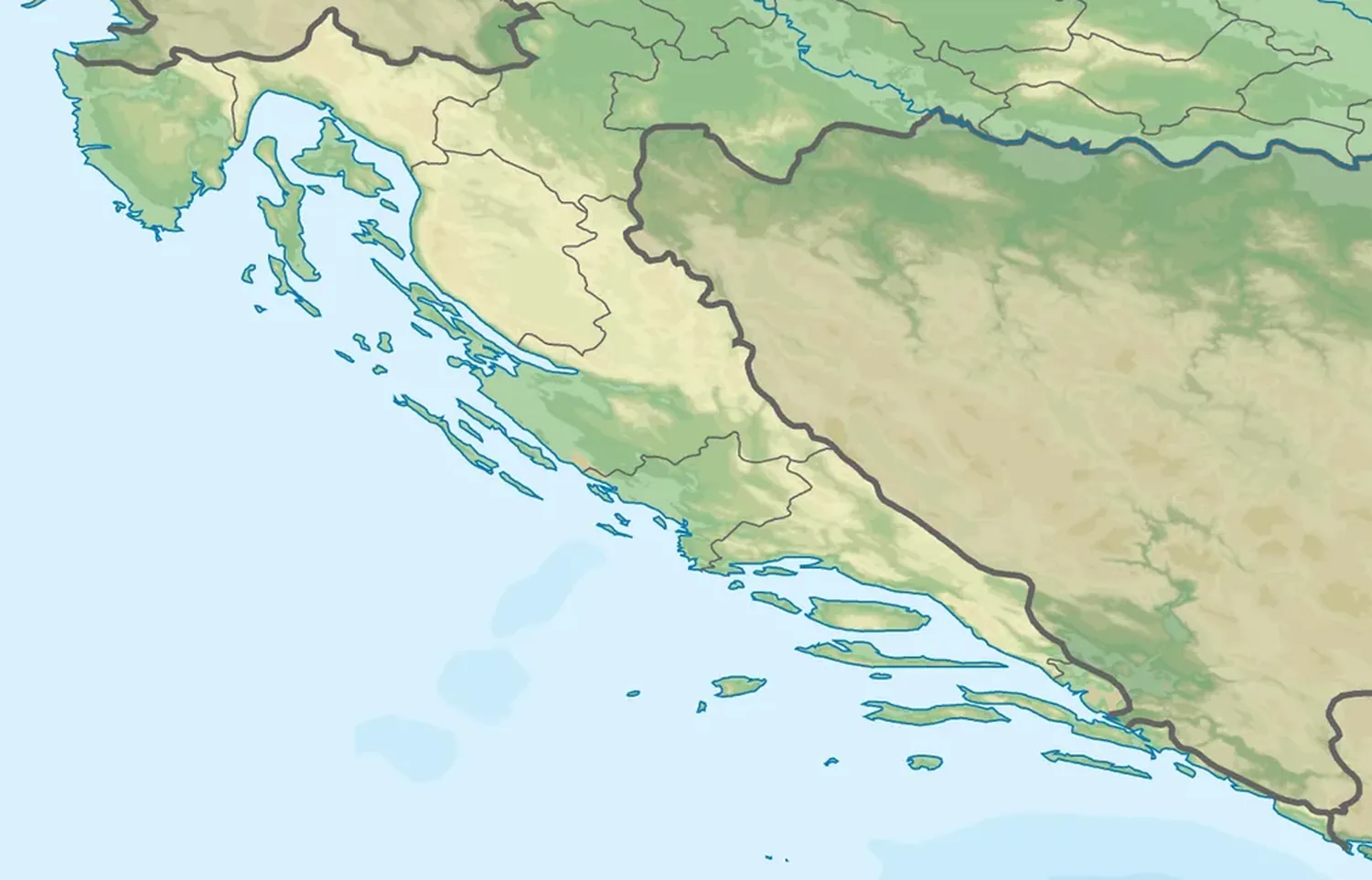Relief map of the Croatian Adriatic coast showing the numbered positions of twelve islands and the cities of Rijeka, Zadar, Split and Dubrovnik