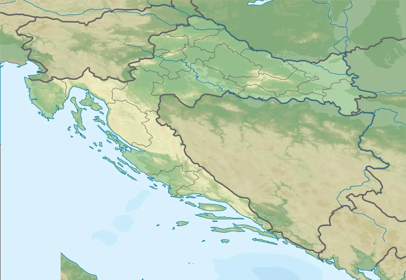Relief map of Croatia with the five regions marked: Istria, Kvarner, Dalmatia, Central Croatia and Slavonia