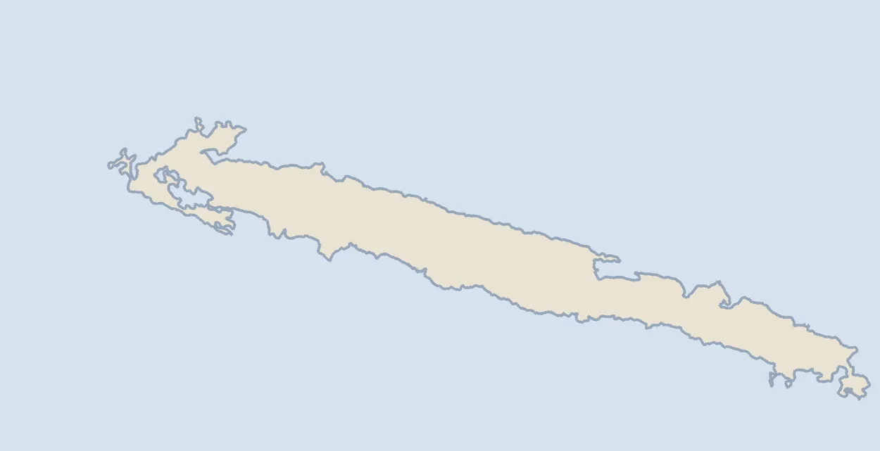 Map of the island of Mljet in Croatia showing Pomena and Polace in the west and Sobra further east