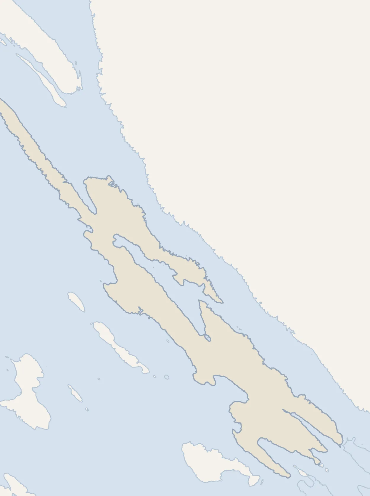 Map of the long island of Pag in Croatia showing Novalja in the north-west, Pag town in the middle and the bridge to the mainland in the south-east