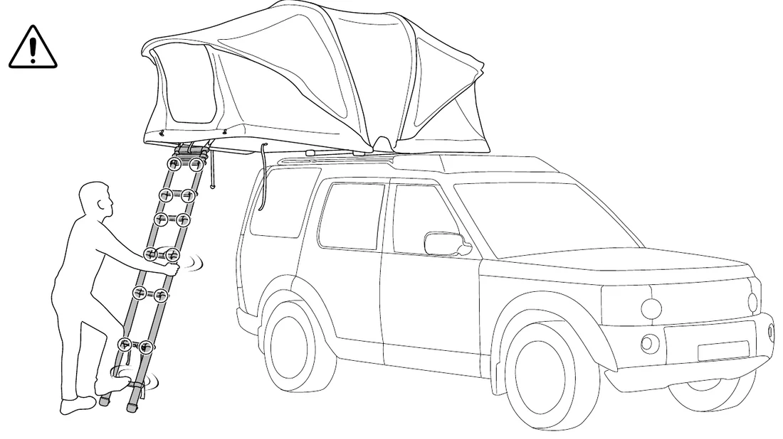 Thule manual diagram of a person climbing the extended ladder into the opened rooftop tent