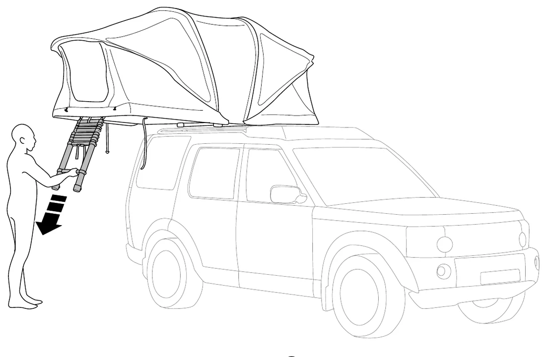 Official Thule line drawing of an open rooftop tent with extended telescopic ladder mounted on a car