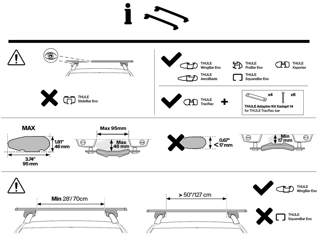 Thule manual diagram showing compatible and incompatible roof bar types and minimum bar spread