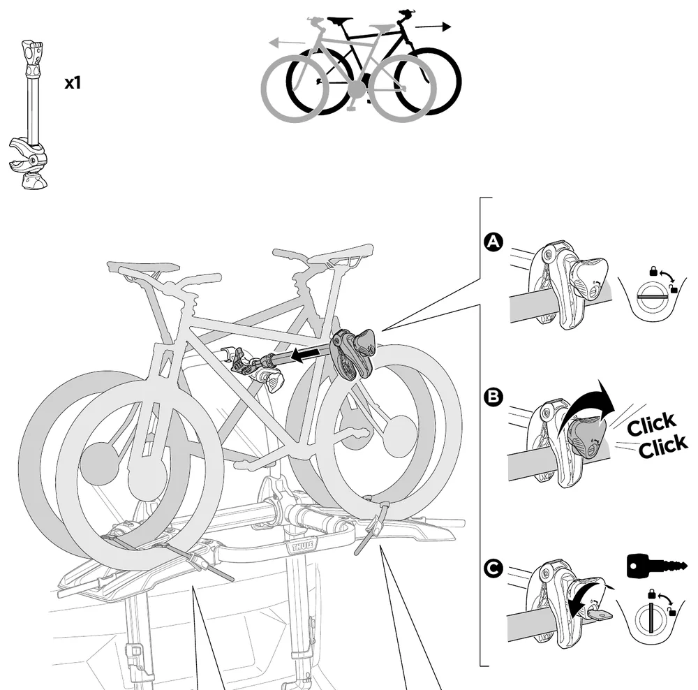 Thule OutWay Platform 2 manual: bikes on the platform with the frame holder and lock