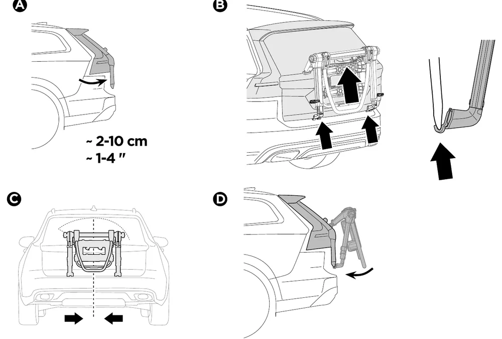 Thule OutWay Platform 2 manual: mounting the carrier on the rear door with hooks and centering