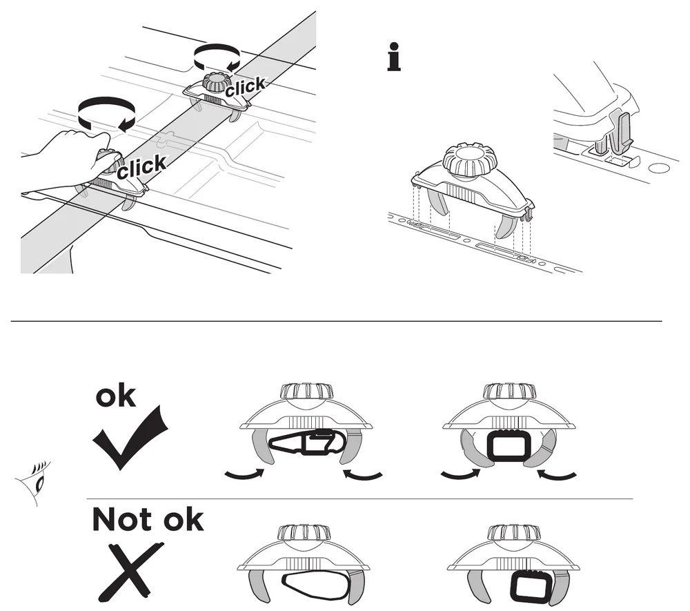 Thule Vector manual diagram of the PowerClick clamps tightened until they click, with correct and incorrect clamp positions around the roof bar